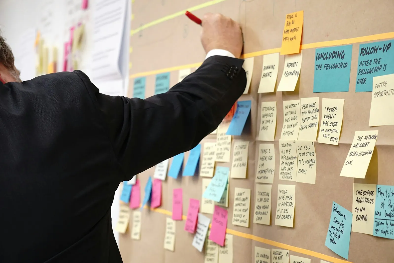 Notes adhésives sur un tableau de liège pour construire l'analyse SWOT d'un projet agricole