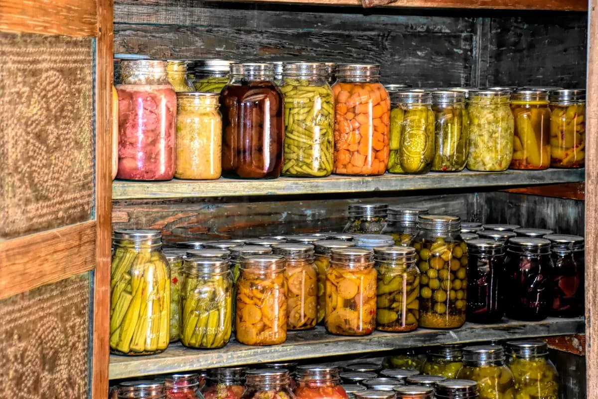 Étagère de bocaux de conserves, légumes et confitures, fabriqués dans un atelier de transformation à la ferme